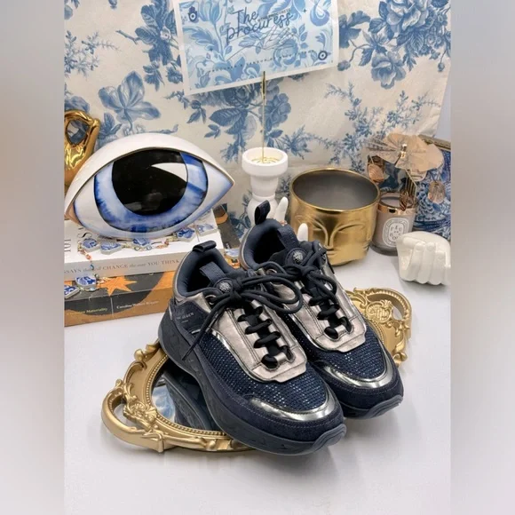 🆕 KURT GEIGER LONDON 🧿 NWOB Kensington Sneaker, Dark Blue Strass, Sz 37 - Picture 2 of 16